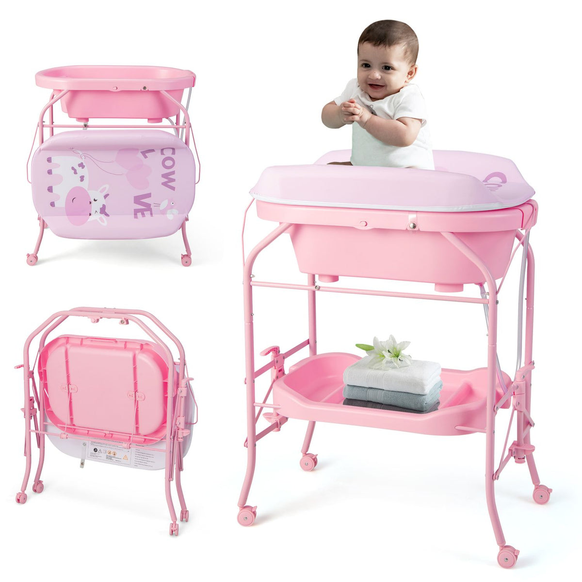 A baby sits behind the pink changing table; smaller views show it upright and folded.