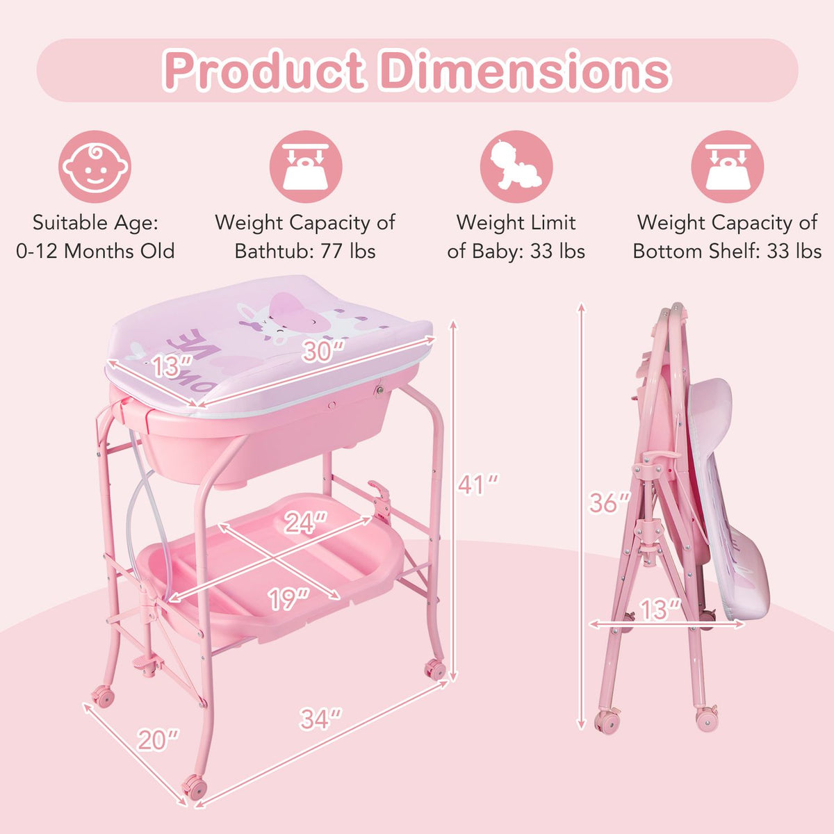 Diagram showing the pink changing table from the front and side with measurement arrows.