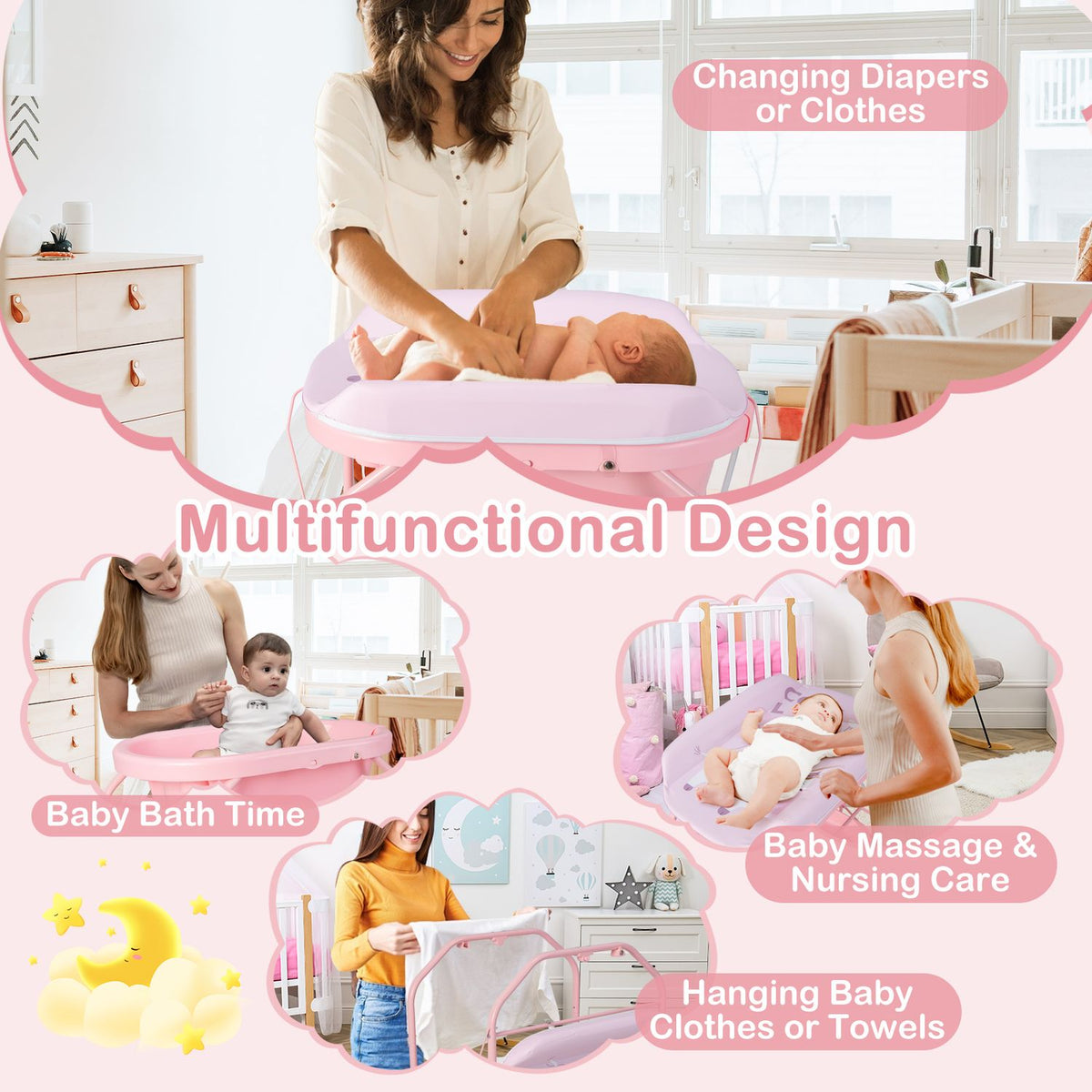 A woman changes a baby on a pink table, with smaller scenes of bathing, massage and hanging clothes.