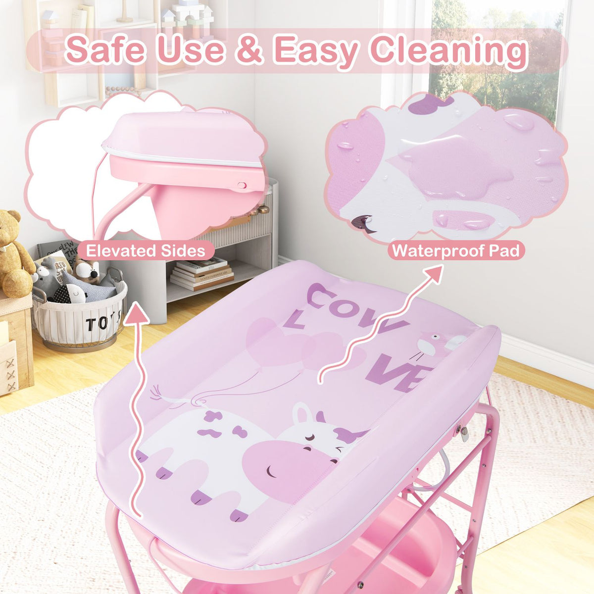 A pink changing pad with raised sides is shown on its wheeled frame, alongside close-ups of the pad.