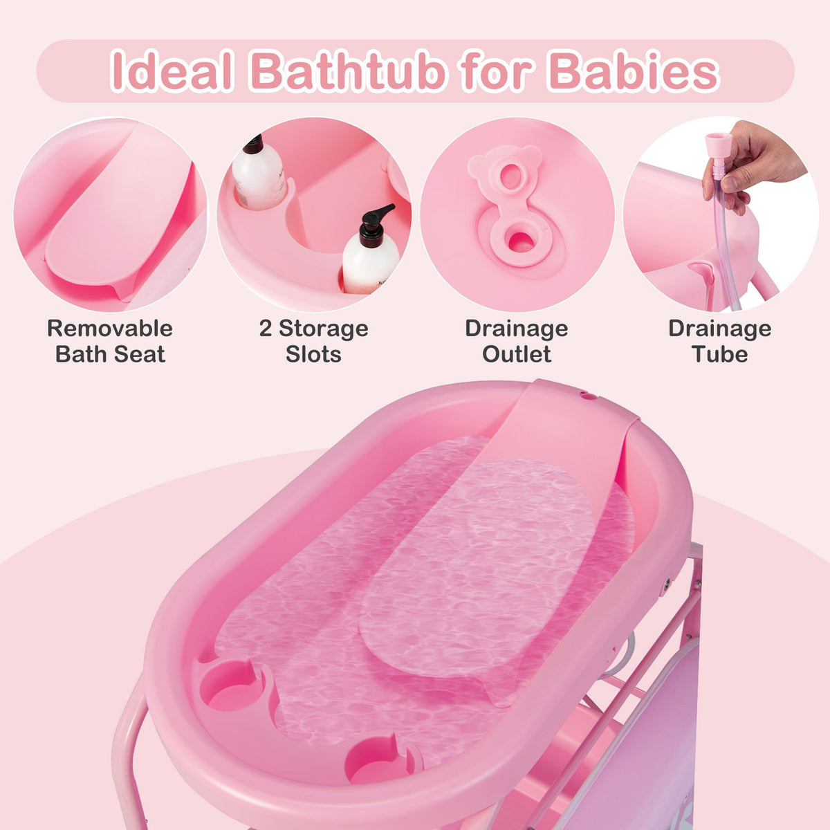 A pink baby bathtub with a removable seat is shown with close-ups of its storage slots and drainage parts.