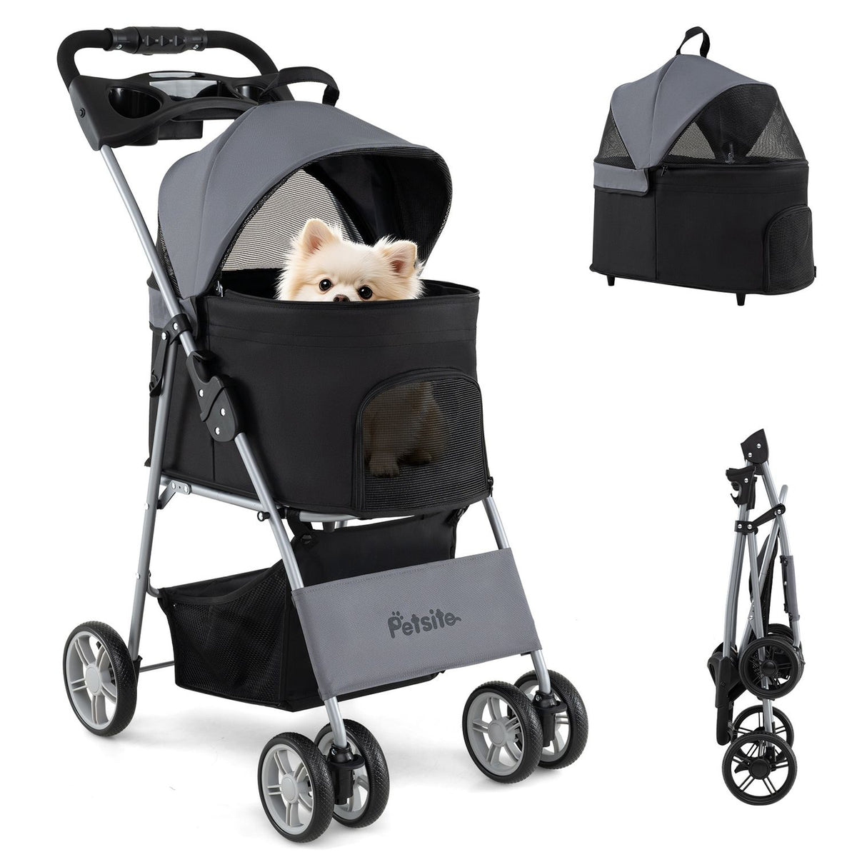 A gray-and-black pet stroller with a dog inside is shown beside its detached carrier and folded frame.