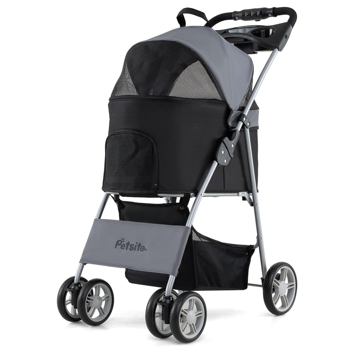 A gray-and-black pet stroller stands alone, showing its mesh canopy, front window, storage basket, and wheels.
