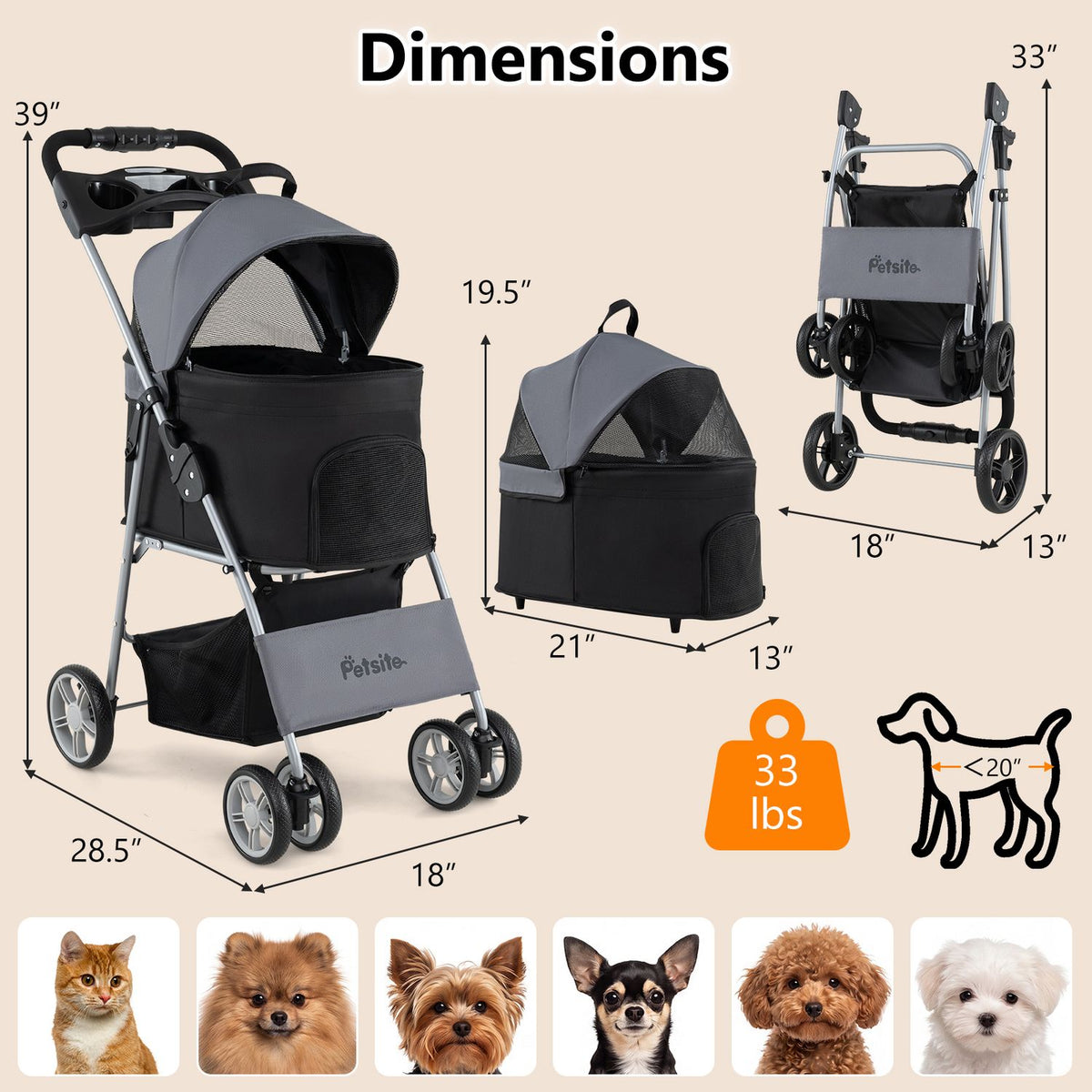 An infographic shows the stroller, detachable carrier, and folded frame alongside measurement arrows and pet illustrations.