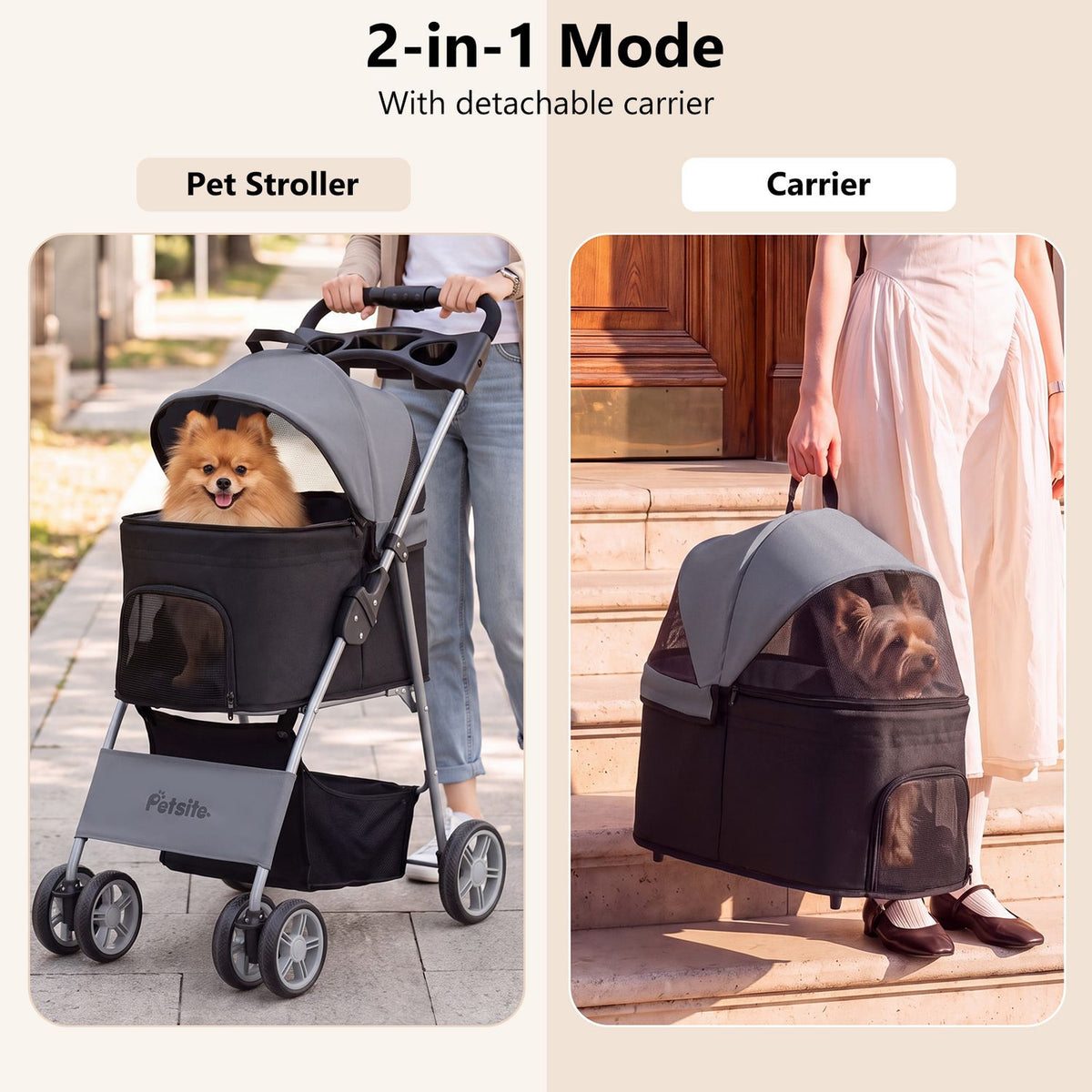 A small dog rides in a gray stroller beside a person carrying the detached covered carrier.