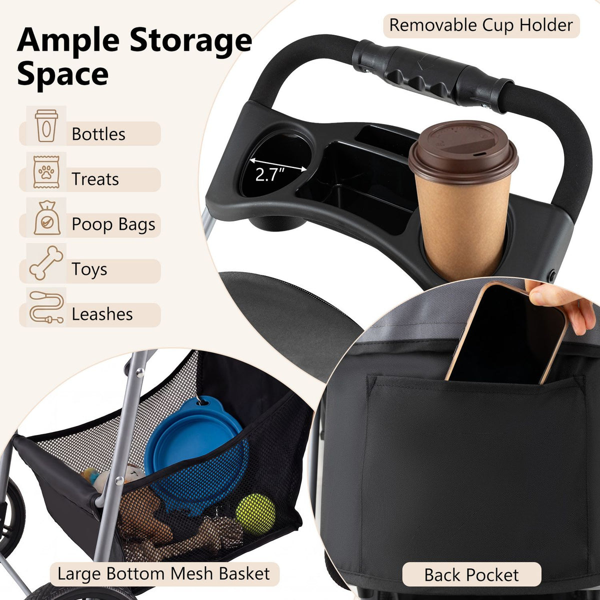 The stroller handle has a cup holder, while the lower mesh basket and rear pocket hold assorted items.