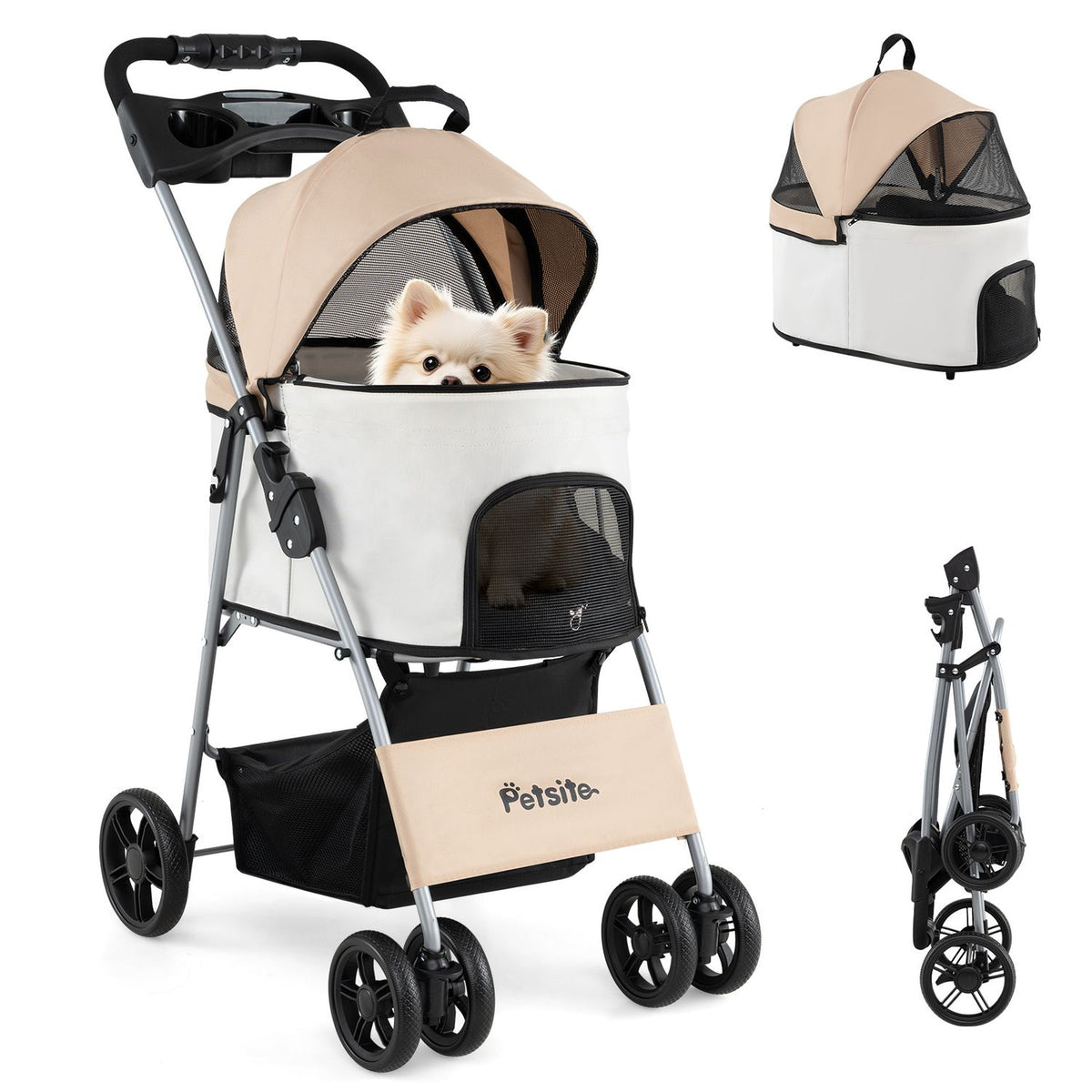 A pet stroller is shown with its detached carrier and folded frame on a white background.