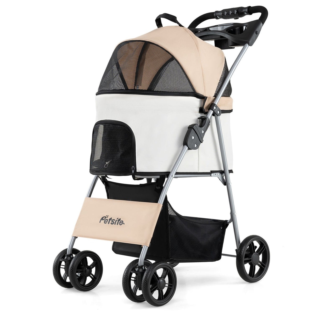 A beige-and-white pet stroller with a mesh canopy and storage basket, shown against a white background.