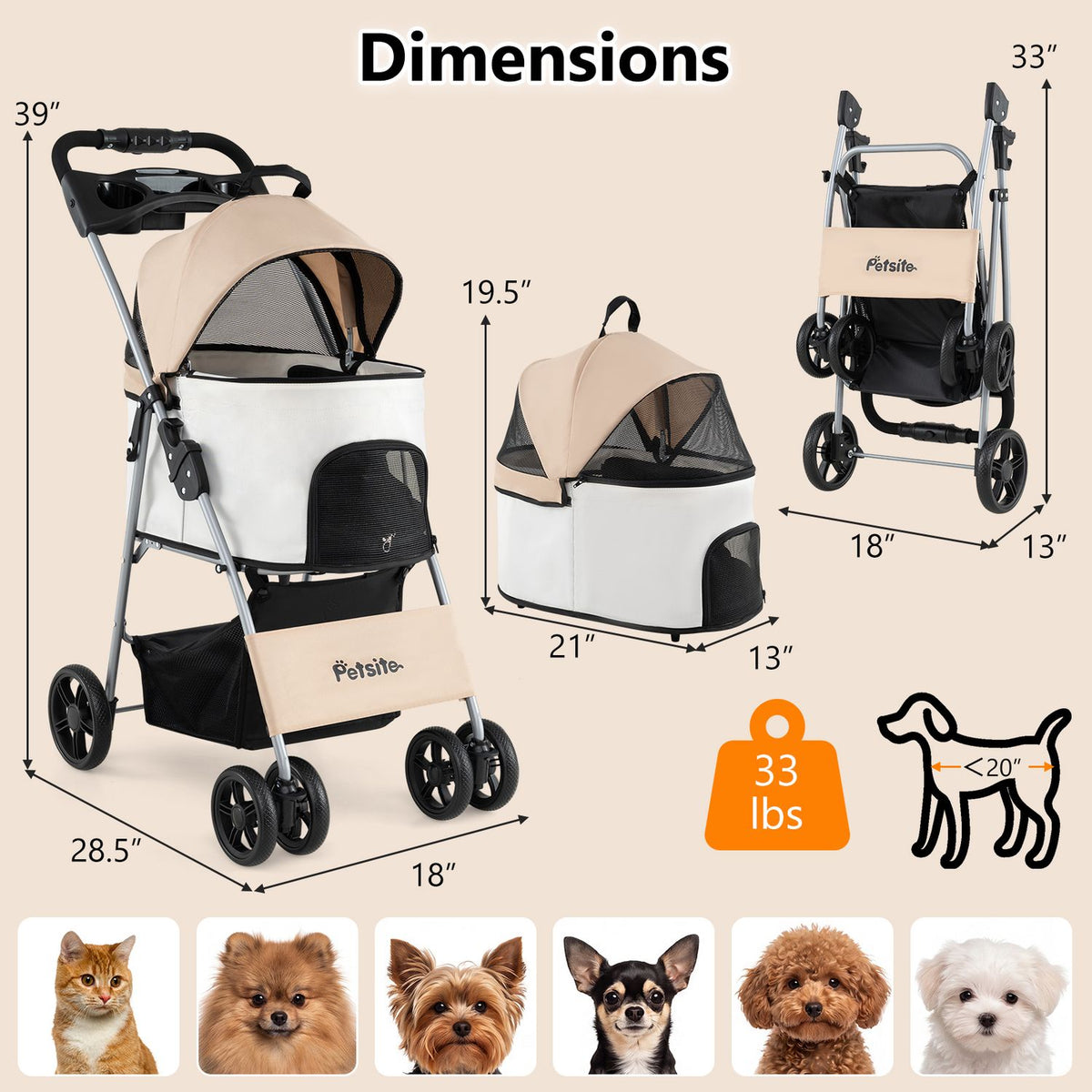 An infographic shows the stroller, detached carrier and folded frame alongside small pet illustrations.