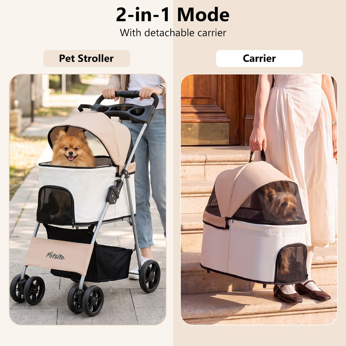 A dog rides in a stroller beside a person, while a second dog sits in the detached carrier being carried by hand.