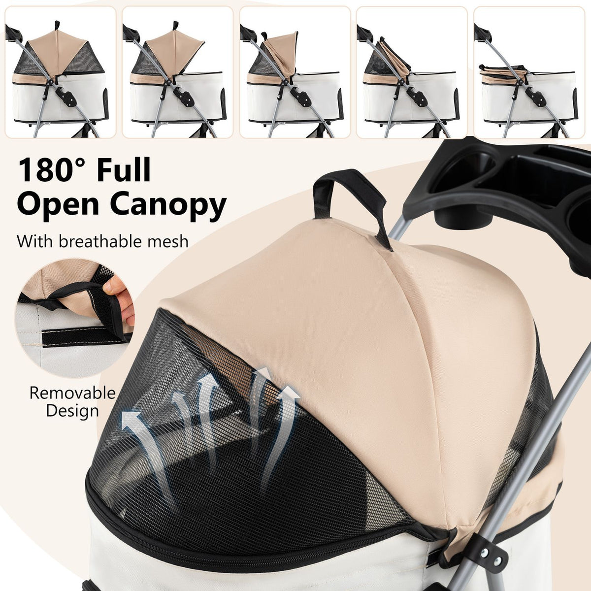 A beige stroller canopy is shown in several open positions, with a close-up of its black mesh panel and zipper.