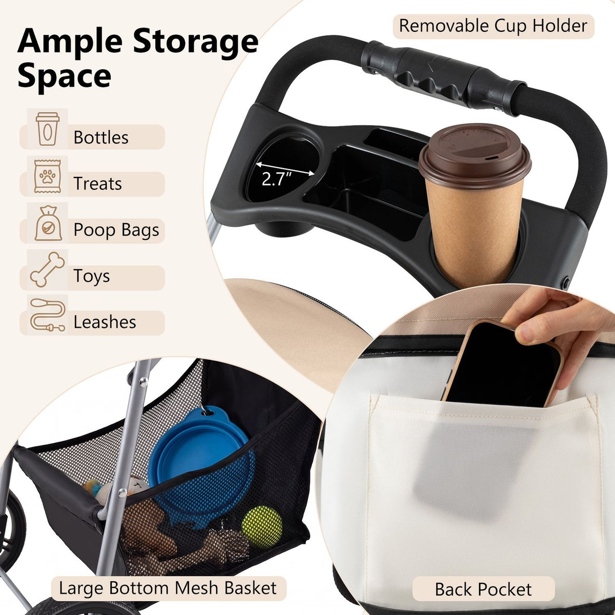 Close-ups show a stroller handle cup holder, a mesh basket holding pet items, and a hand placing a phone in the back pocket.