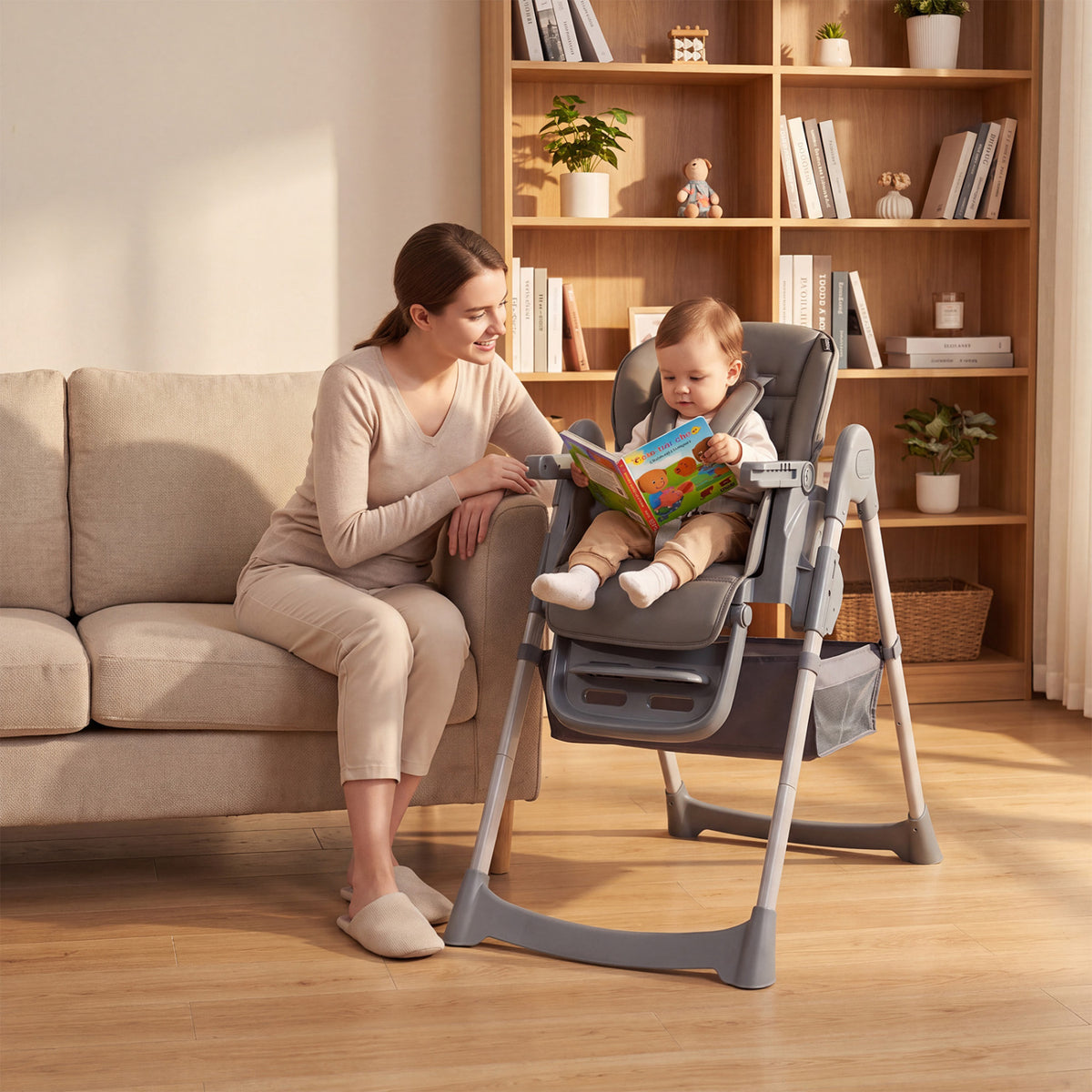 Foldable High Chair with 7-Level Height Adjustment for Babies and Toddlers, Gray