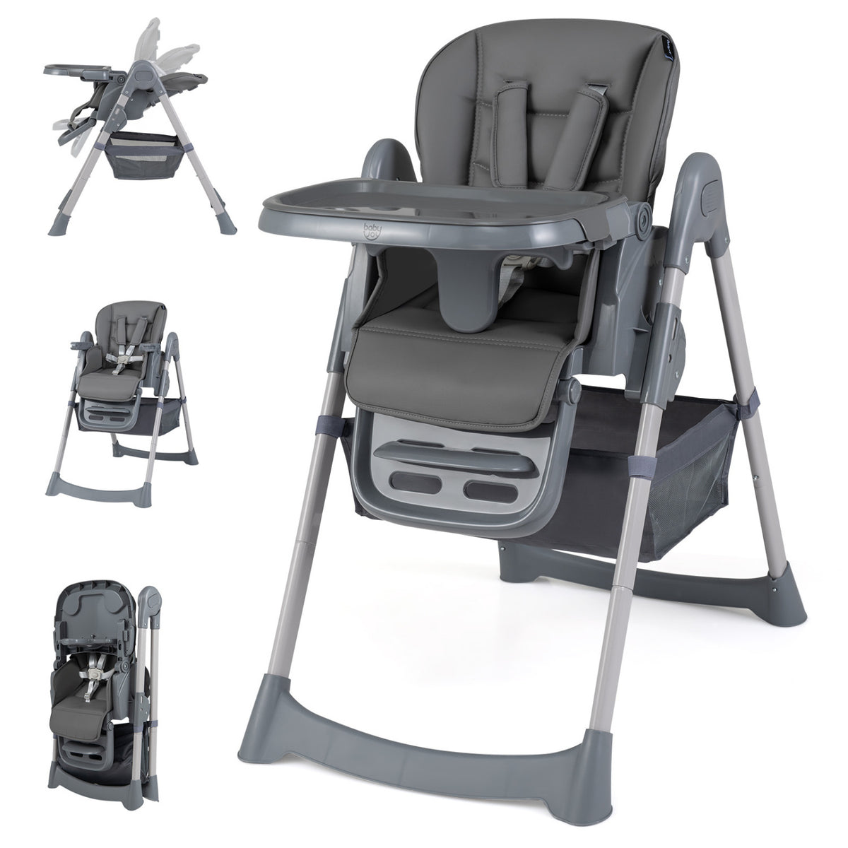 Foldable High Chair with 7-Level Height Adjustment for Babies and Toddlers, Gray