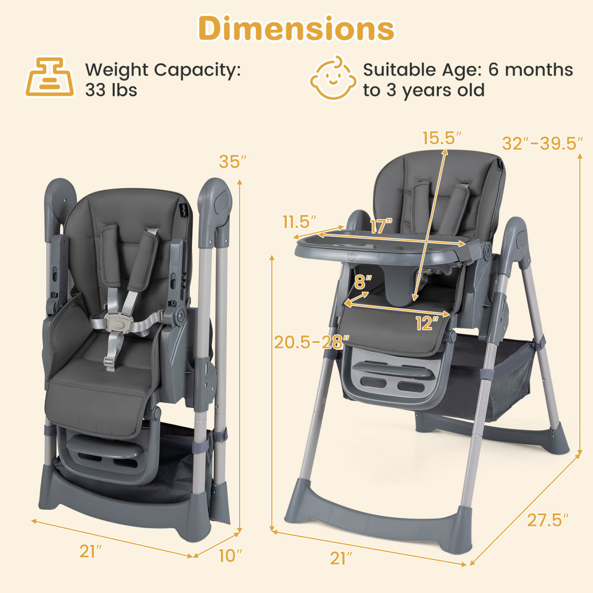 Foldable High Chair with 7-Level Height Adjustment for Babies and Toddlers, Gray