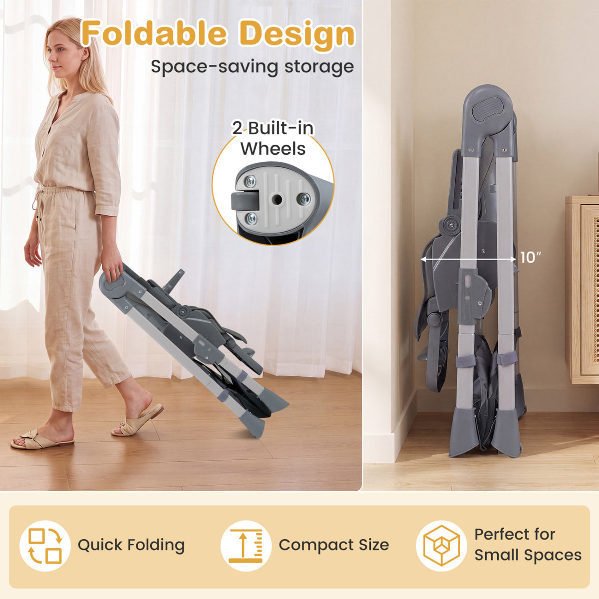 Foldable High Chair with 7-Level Height Adjustment for Babies and Toddlers, Gray