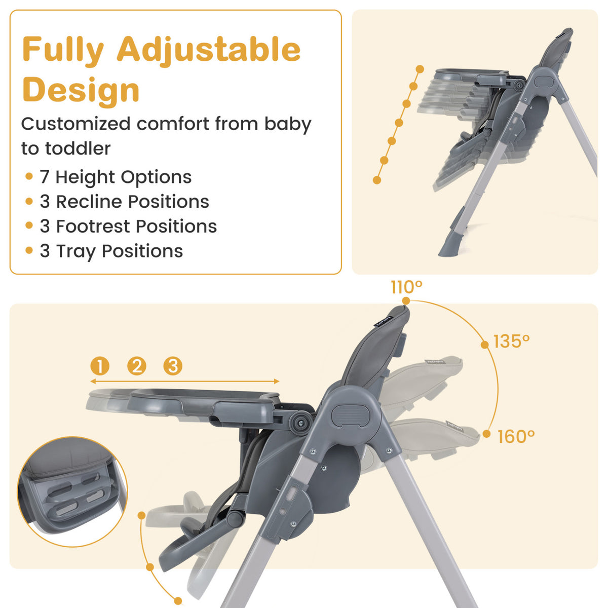 Foldable High Chair with 7-Level Height Adjustment for Babies and Toddlers, Gray