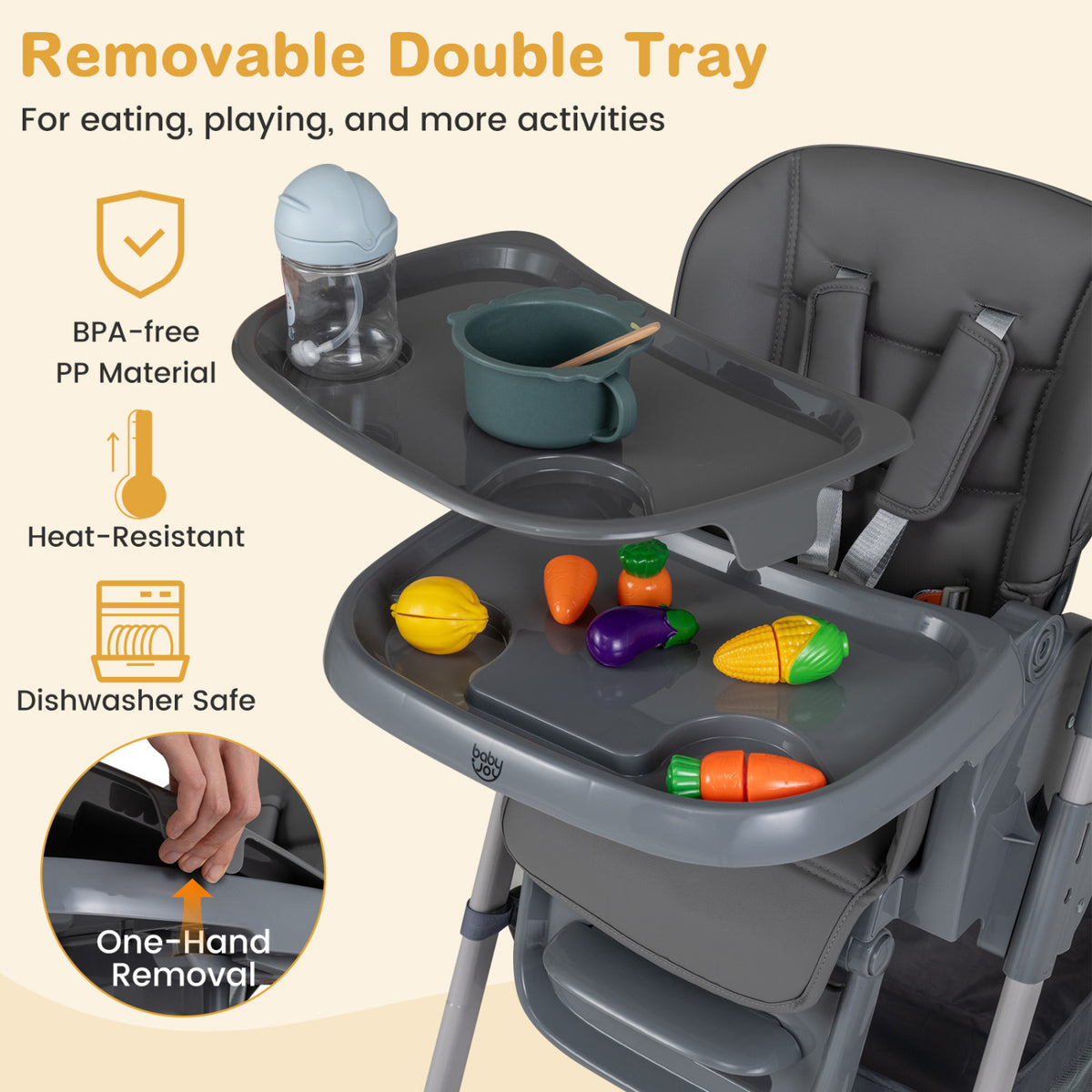 Foldable High Chair with 7-Level Height Adjustment for Babies and Toddlers, Gray