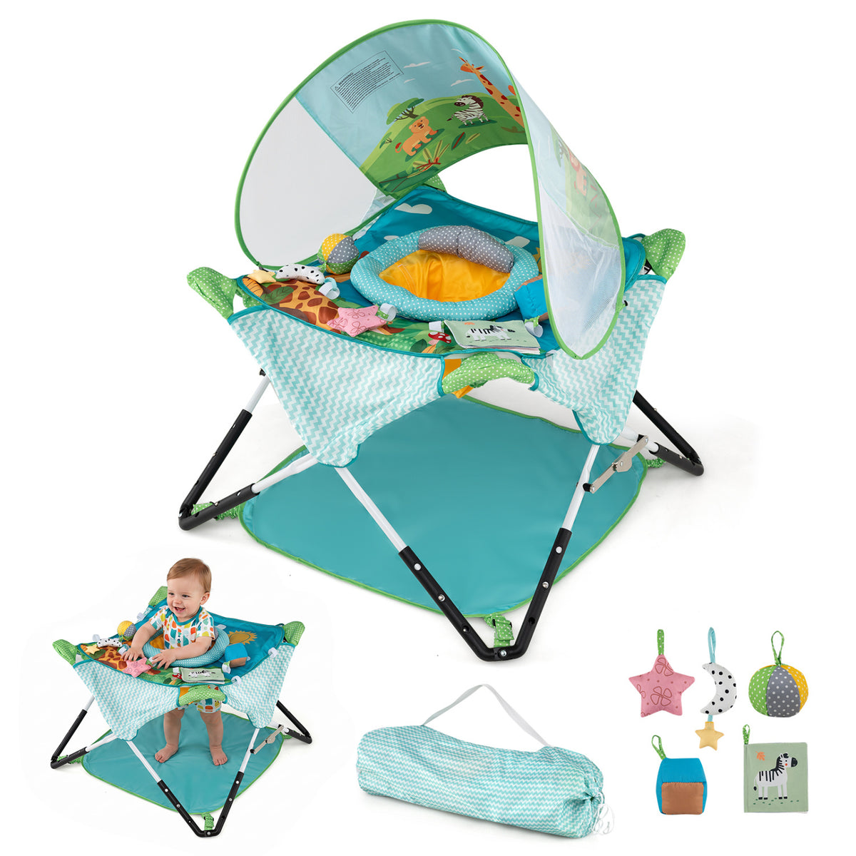 The jumper is shown with a folded carry bag, hanging toys and a small inset of a baby using it.