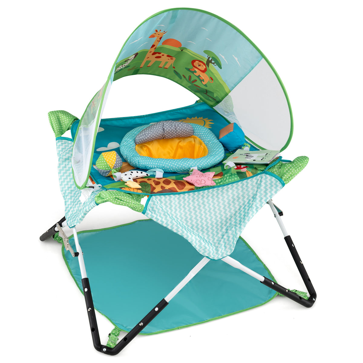 The turquoise jumper is shown alone with its canopy, padded seat and attached toys.