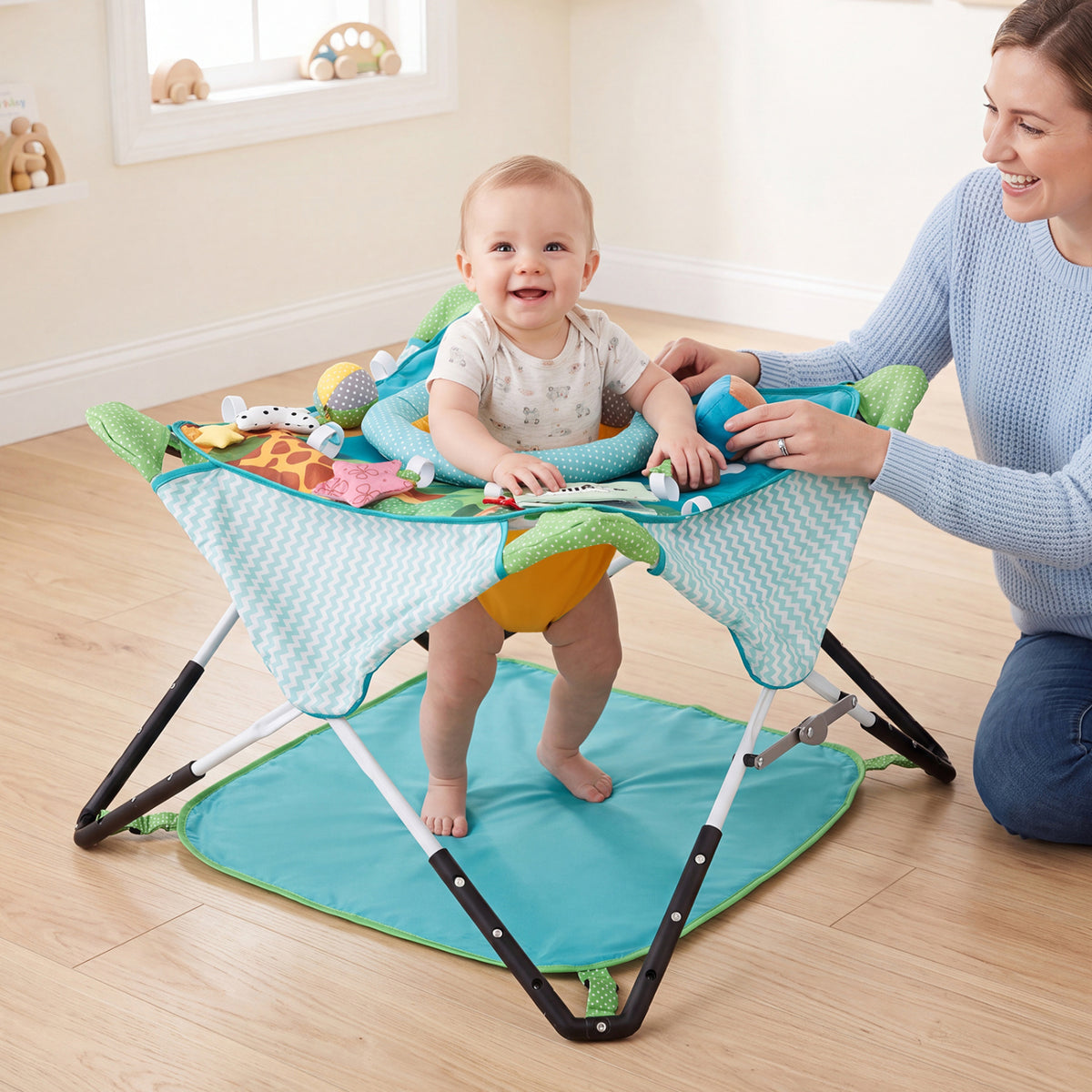 A baby sits in a turquoise portable jumper while an adult steadies it indoors.