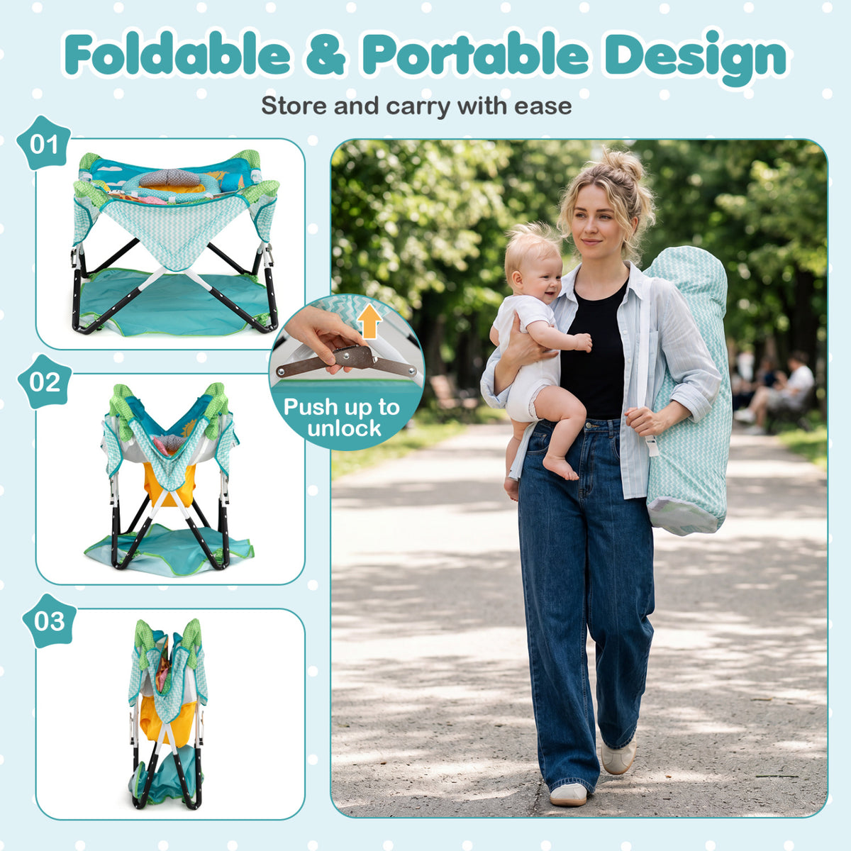 Three views show the jumper folding down; a woman carries it in a shoulder bag while holding a baby outdoors.