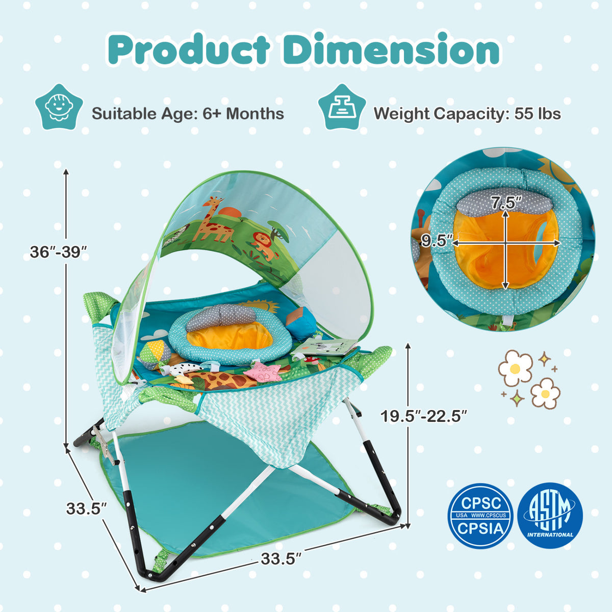 Aqua-and-green baby jumper shown with a canopy, padded seat, toys and measurement arrows, alongside a seat close-up.
