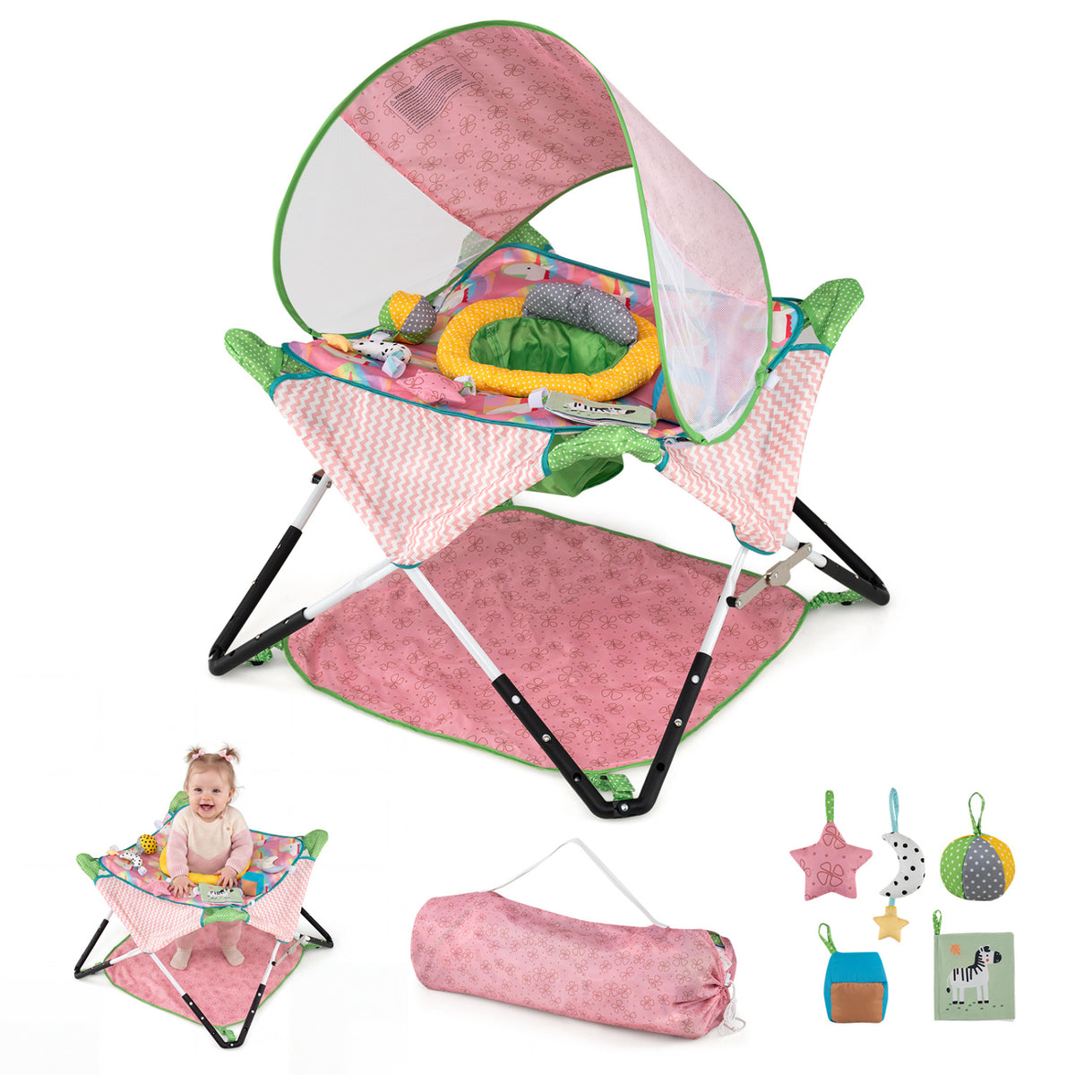The jumper is shown with a small inset of a seated baby, a folded fabric piece, and hanging toys.