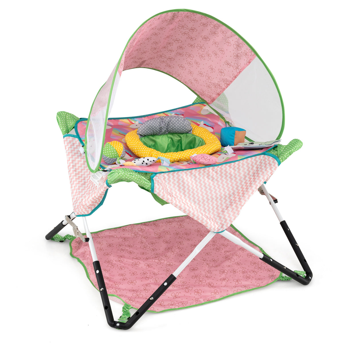The pink activity jumper is shown alone with its arched canopy, toys, fabric seat, and crossed frame.