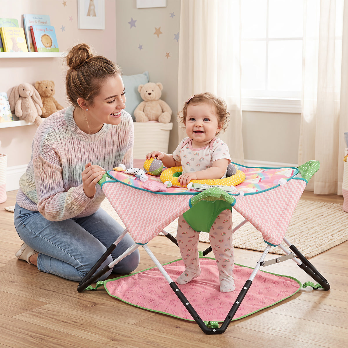 A baby sits in a pink foldable activity jumper while a woman kneels beside it indoors.