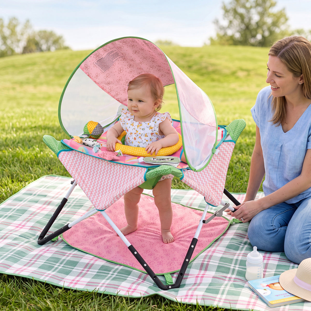 A baby sits in the jumper beneath its pink canopy on a picnic blanket as a woman kneels nearby.