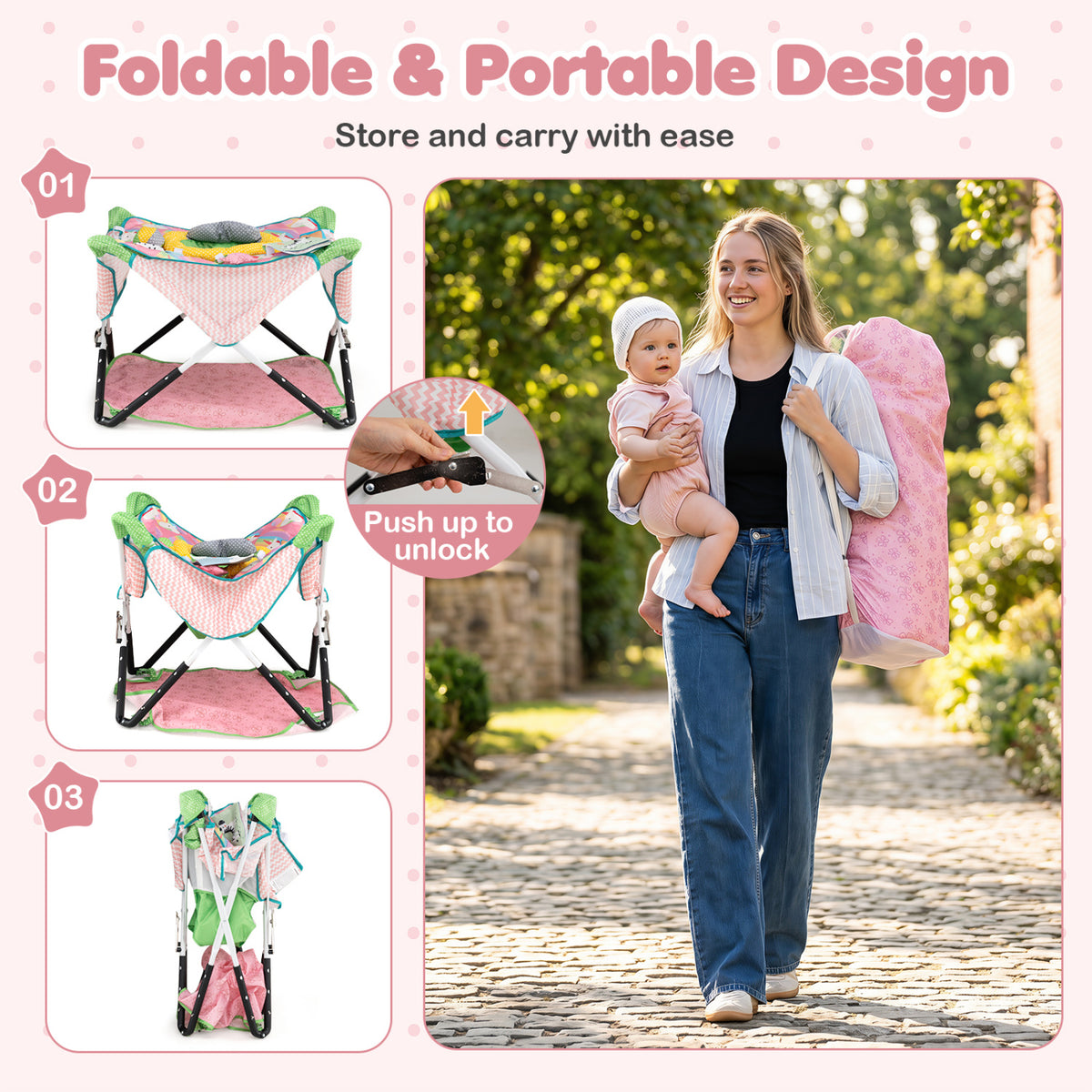 Three views show the jumper folding compactly, beside a woman carrying the folded item while holding a baby.