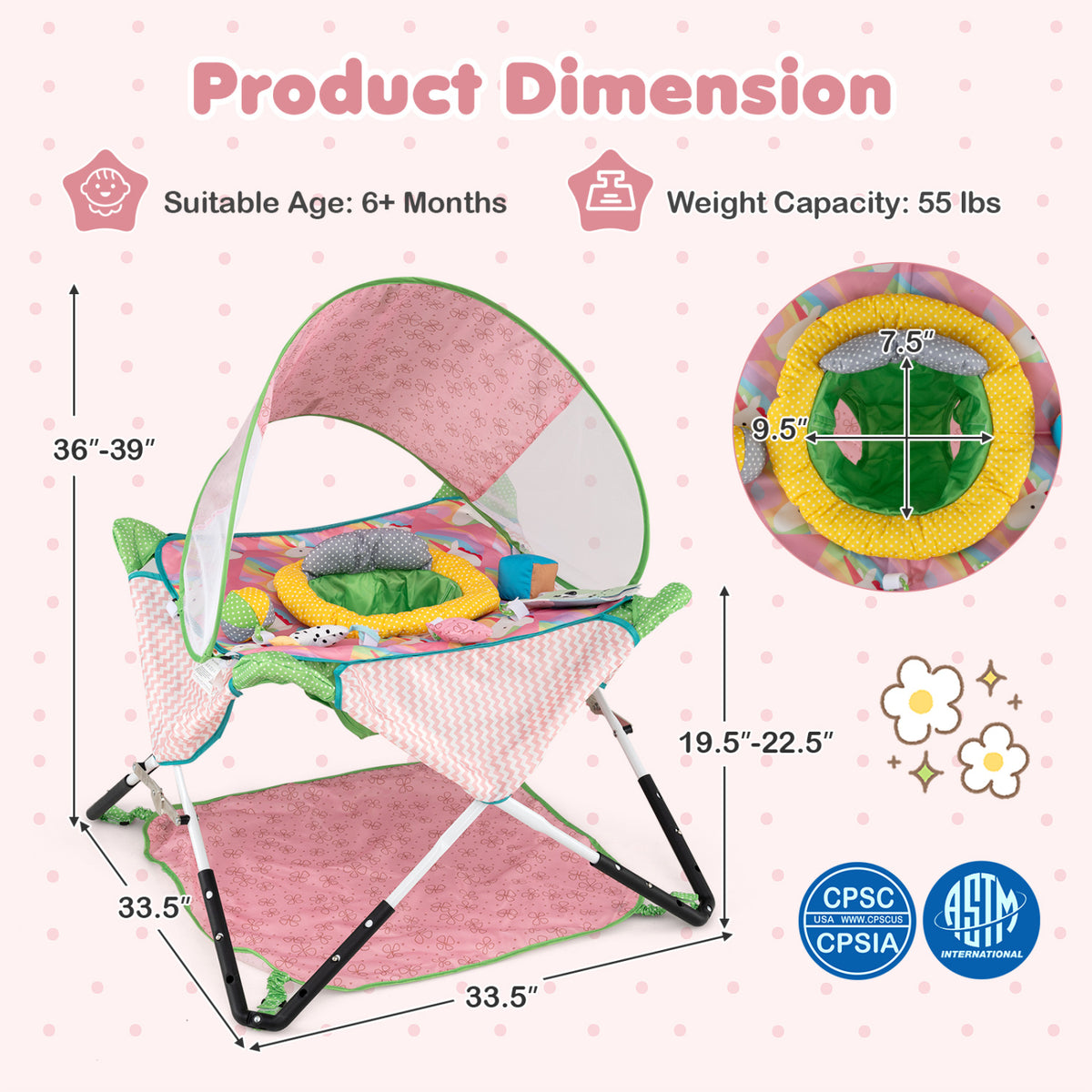 Colorful baby jumper shown with a mesh canopy and close-up of its circular padded seat.