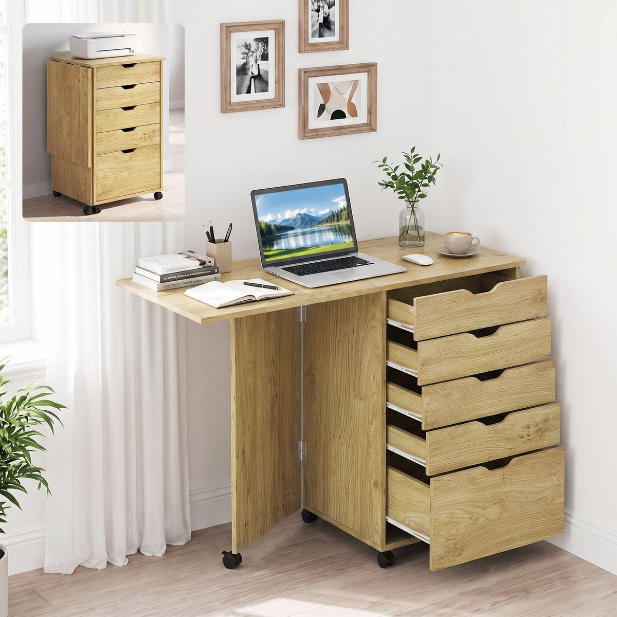Natural-finish folding desk open as a workspace, with folded cabinet inset