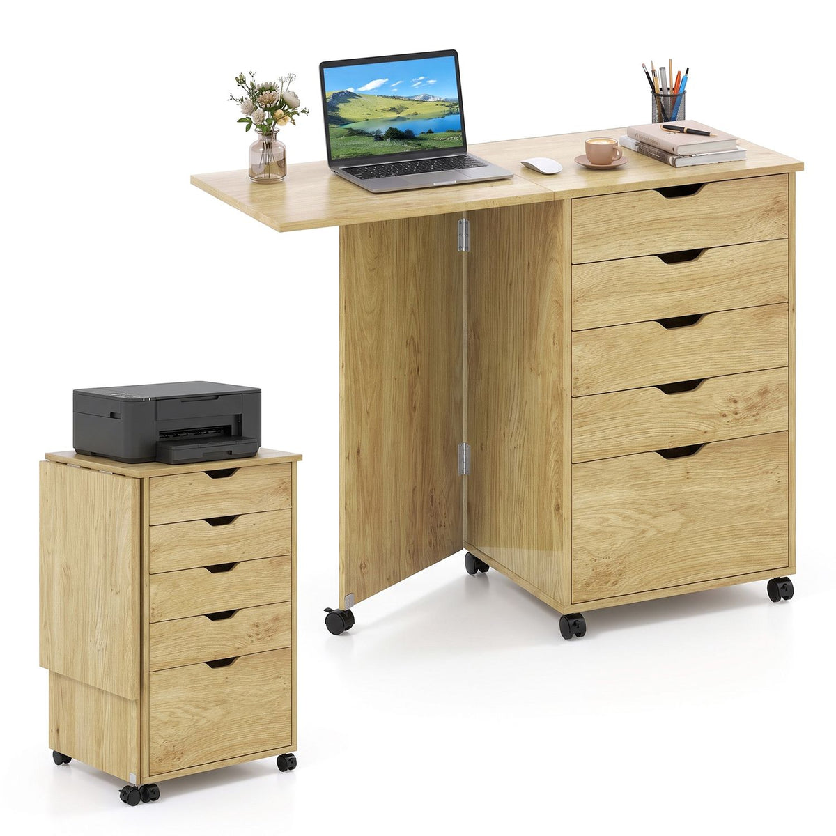 Natural-finish folding desk shown open beside its folded cabinet form