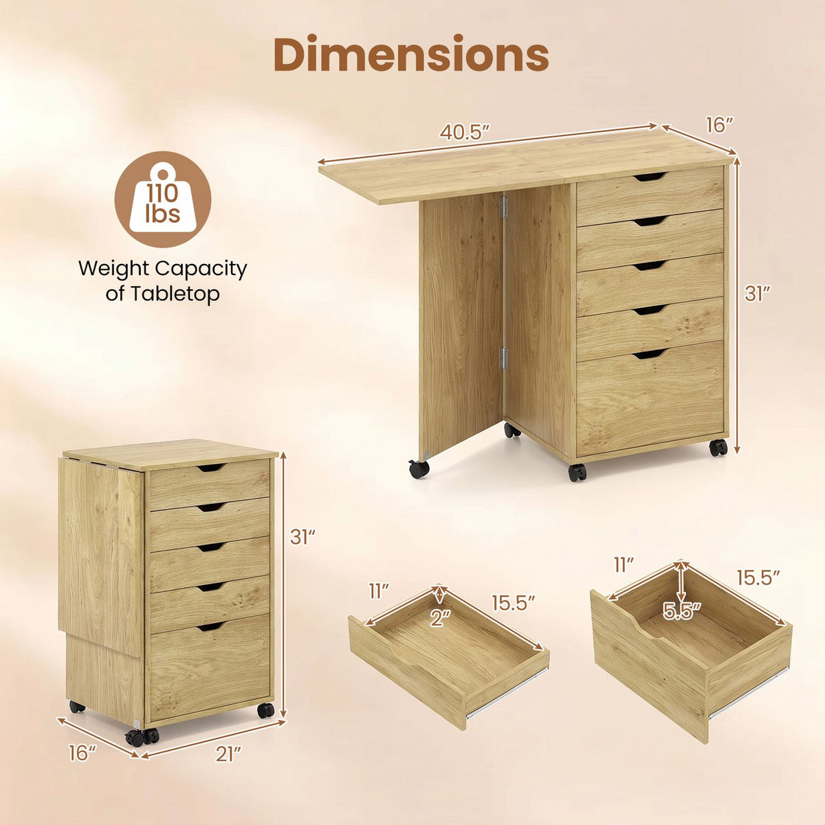 Natural-finish desk dimensions diagram with drawer interior measurements