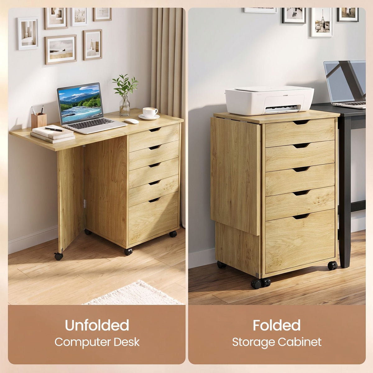 Two views show the desk opened for use and folded into a compact cabinet.