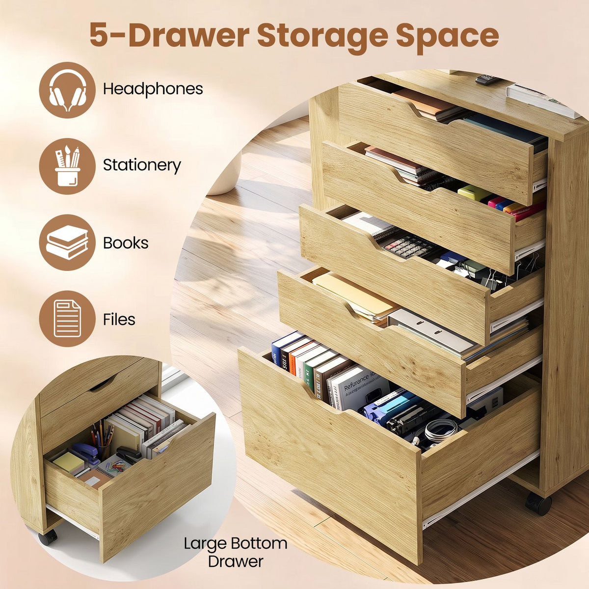 Several desk drawers are pulled open, showing stored books, files, stationery, and small items.