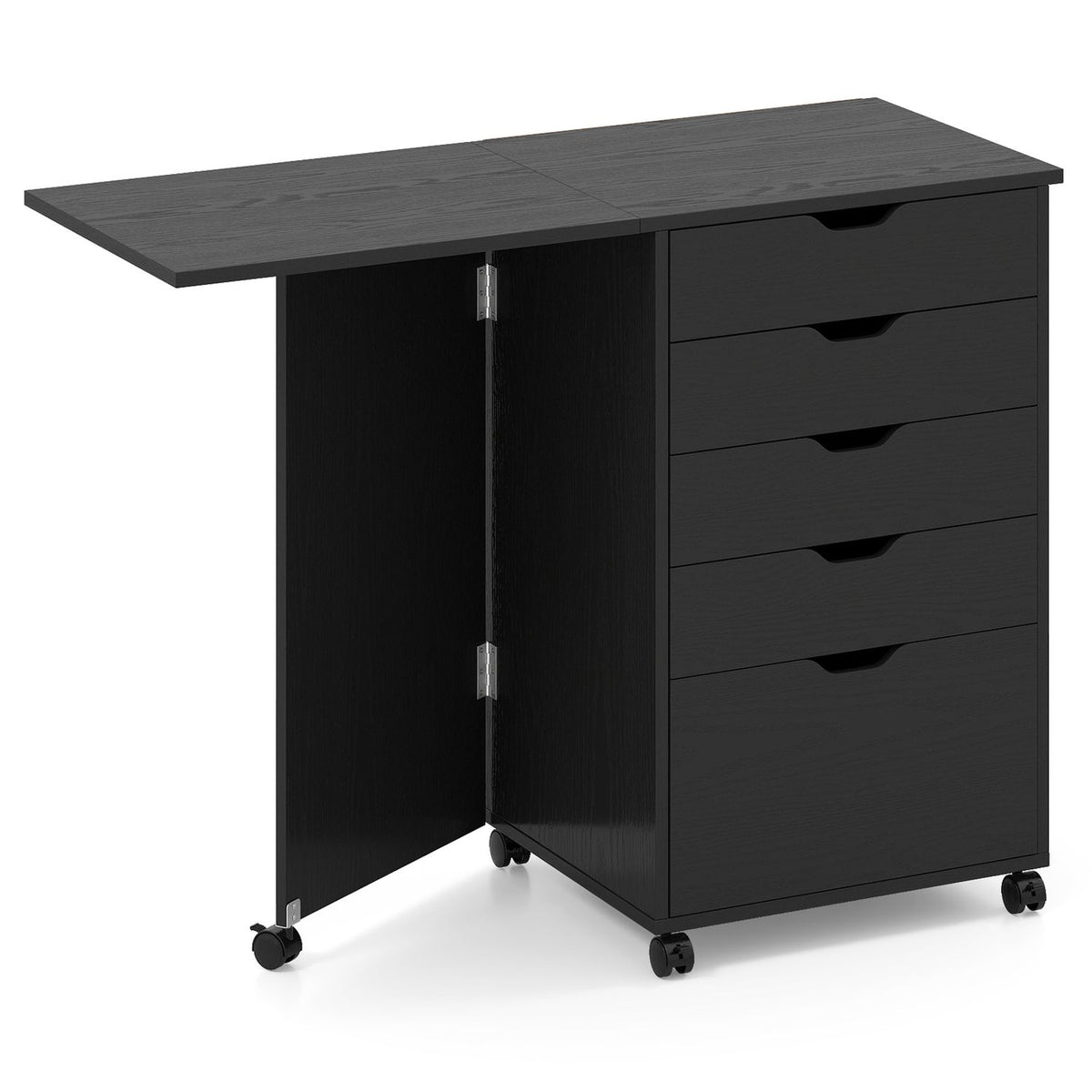 Black folding desk opened against a white background, showing its hinged work surface, drawer cabinet and casters.
