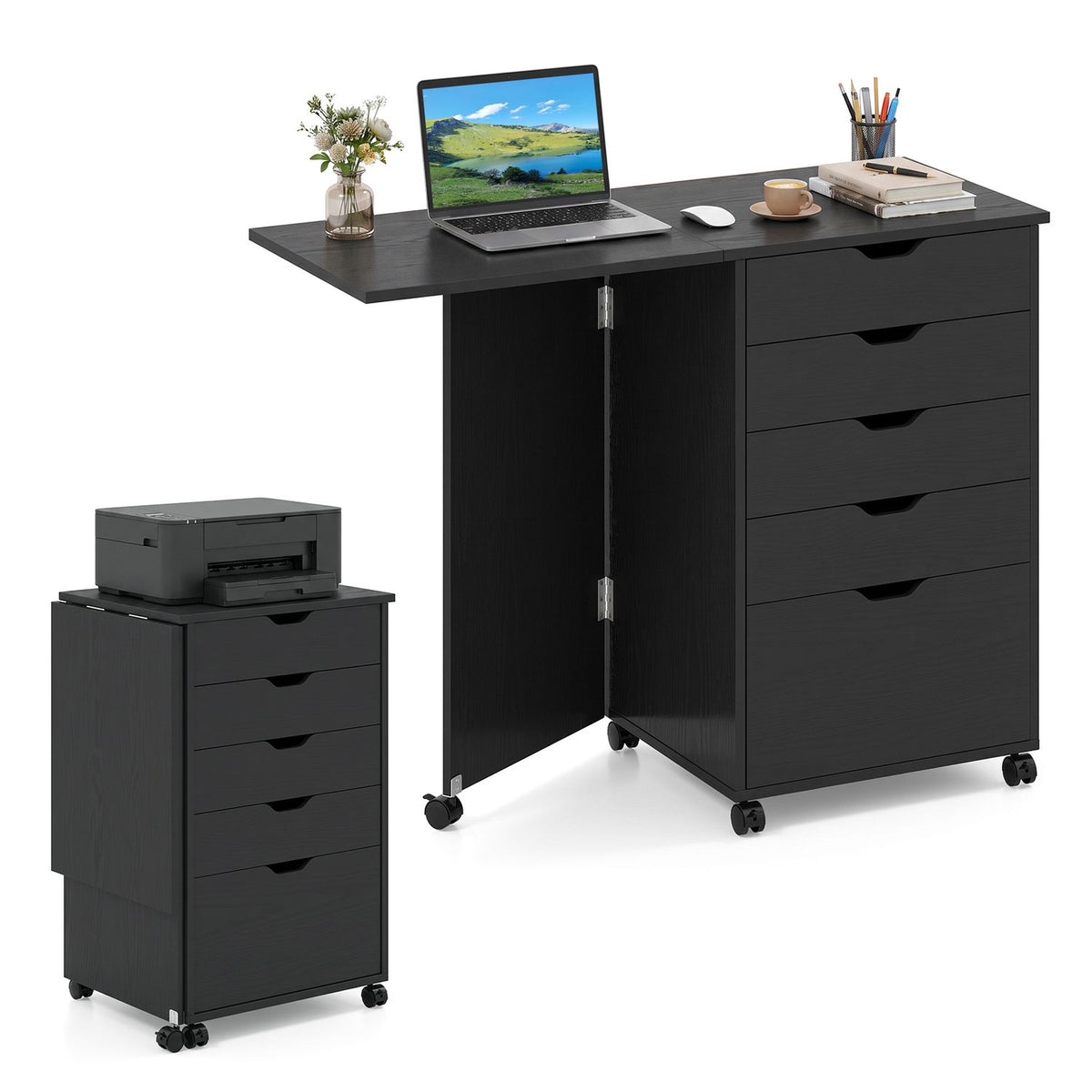 Opened black folding desk with a laptop and accessories, alongside its folded cabinet form topped with a printer.