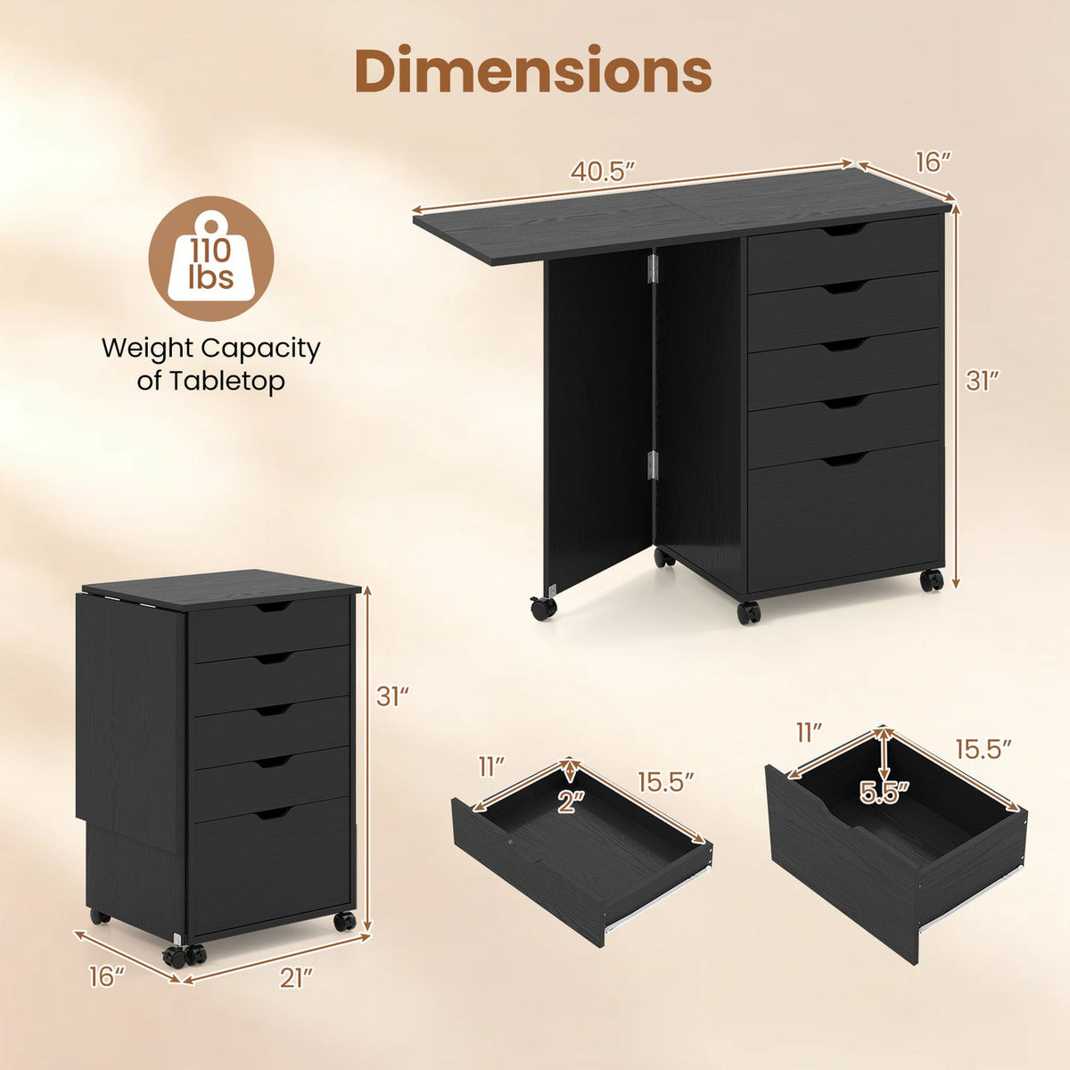 Black folding desk shown open and closed, with separate drawer illustrations and measurement arrows.