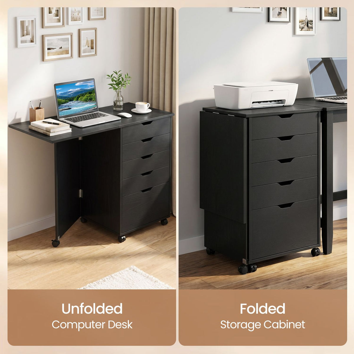 Black desk shown open as a computer workspace and folded into a compact cabinet.