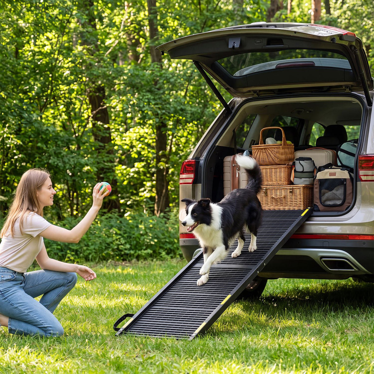 Black dog ramp extending from an open SUV as a dog walks down toward a woman