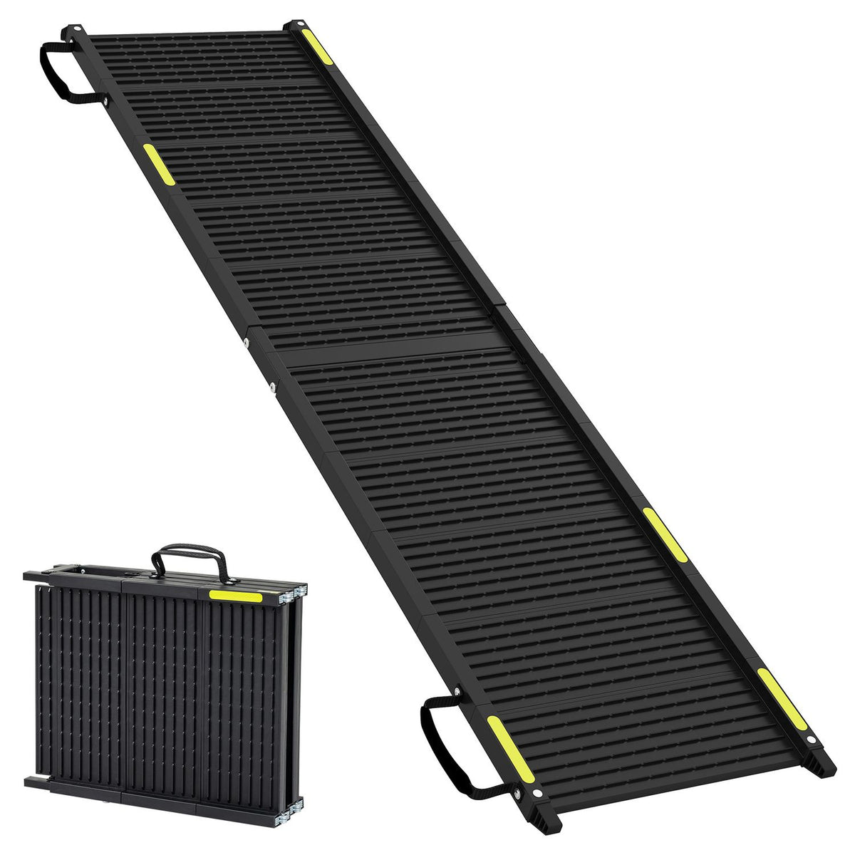 Black folding dog ramp shown extended and folded against a white background