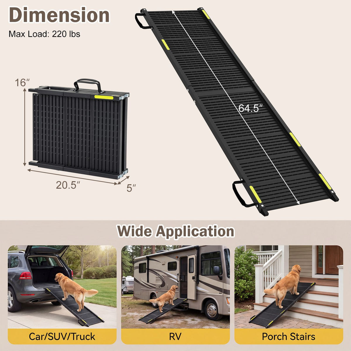 Ramp dimension graphic with folded and unfolded views and examples at vehicles and porch stairs
