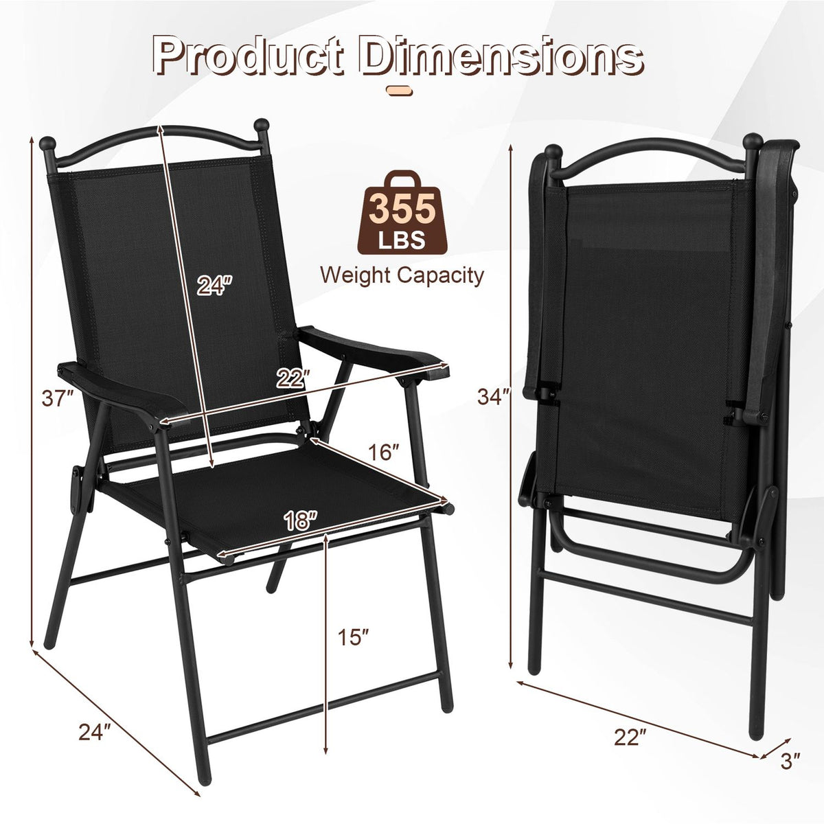 Folding Patio Chairs Set of 4 Outdoor Lawn Deck Seats with Armrests High Back, Black