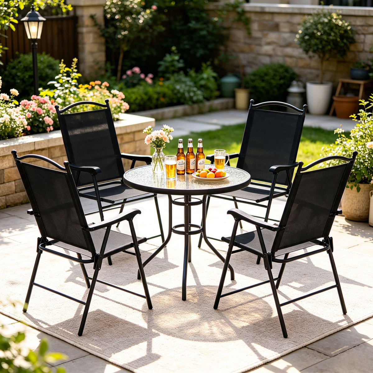 Folding Patio Chairs Set of 4 Outdoor Lawn Deck Seats with Armrests High Back, Black