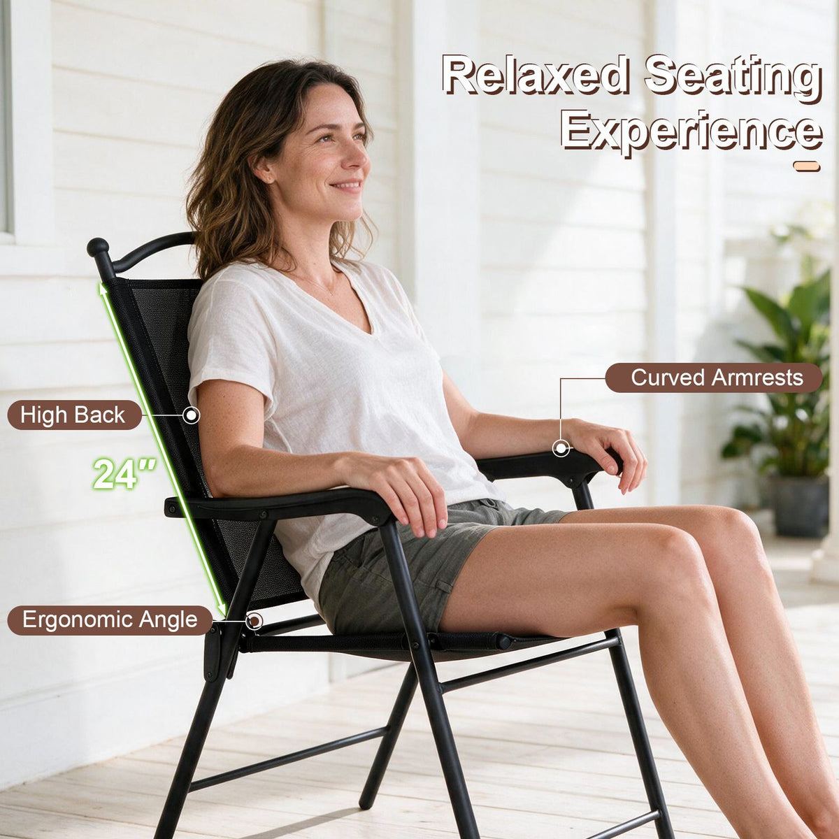 Folding Patio Chairs Set of 4 Outdoor Lawn Deck Seats with Armrests High Back, Black