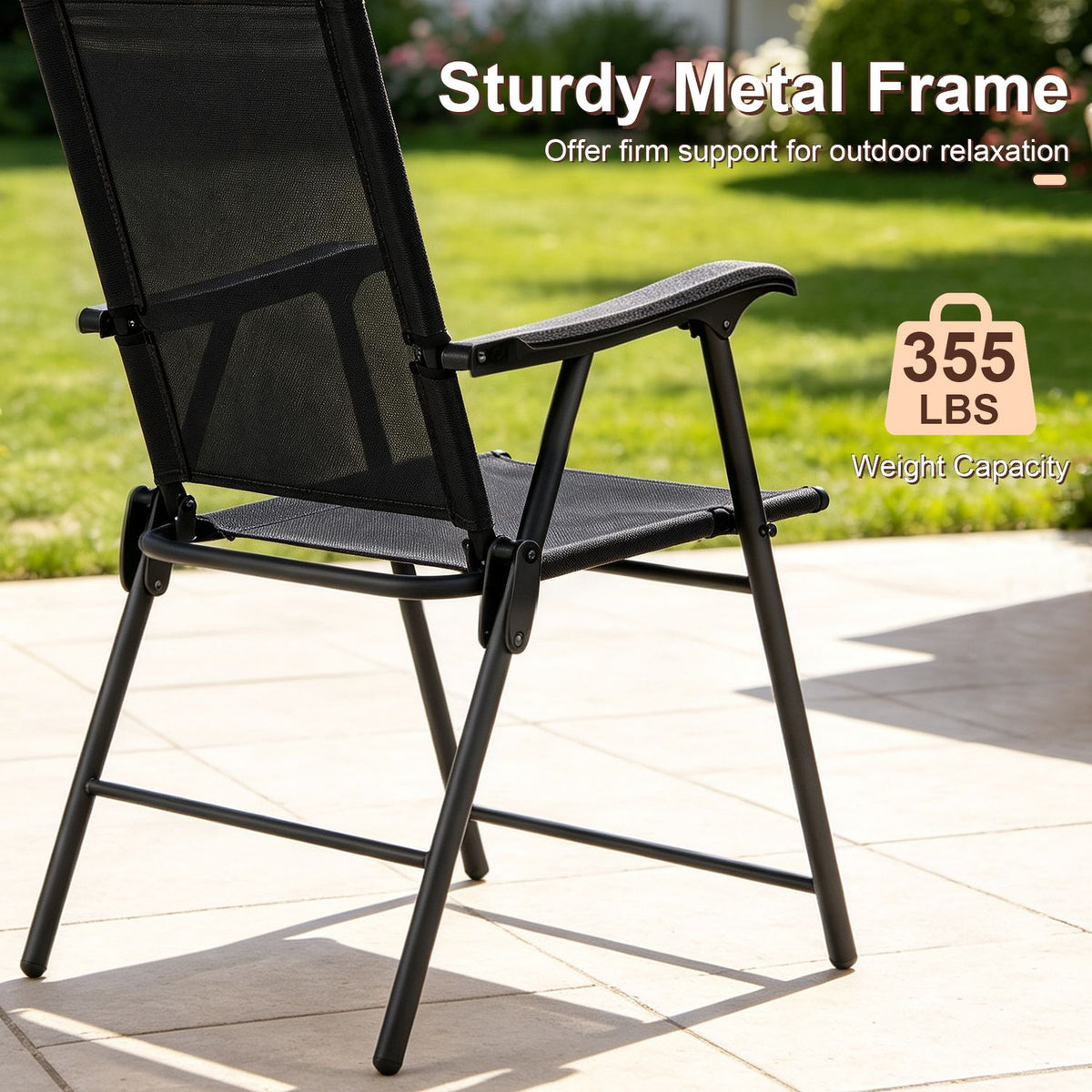 Folding Patio Chairs Set of 4 Outdoor Lawn Deck Seats with Armrests High Back, Black