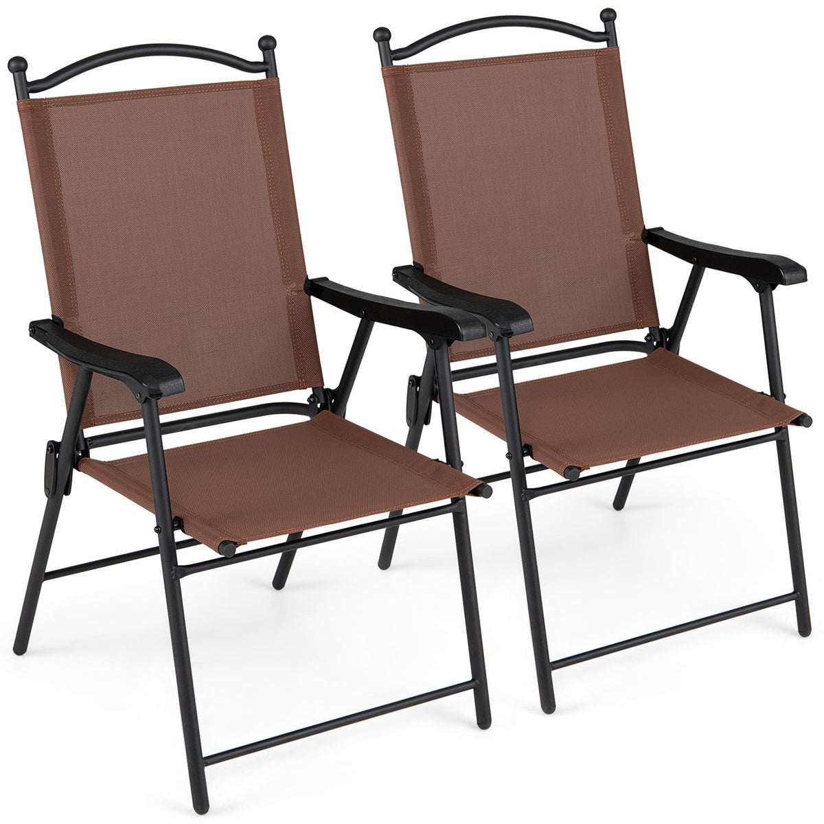 A pair of brown fabric folding chairs with black frames and armrests against a plain background.